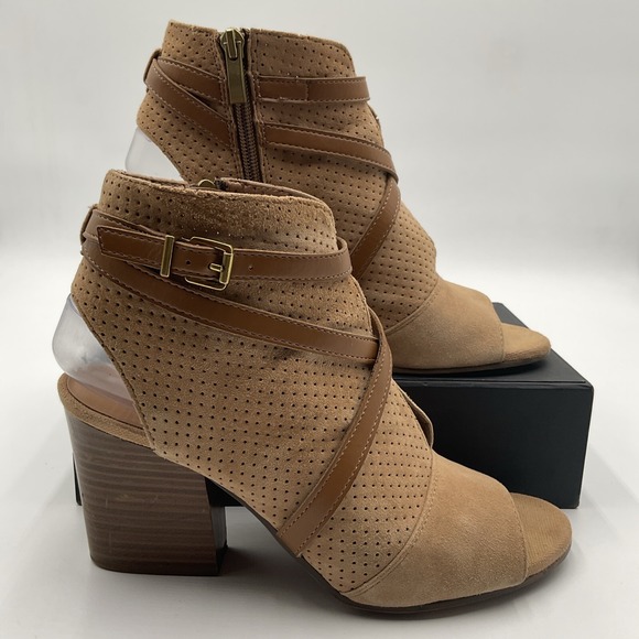 Franco Sarto Fantana Ankle Booties 8.5M Leather Open Toe Strappy Perforated Heel - Picture 2 of 16